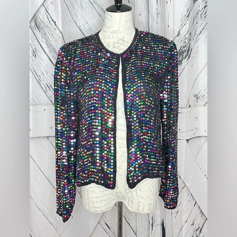 90’s Silk Rainbow Hand-Beaded & Sequined Papell Boutique Evening Jacket Size M